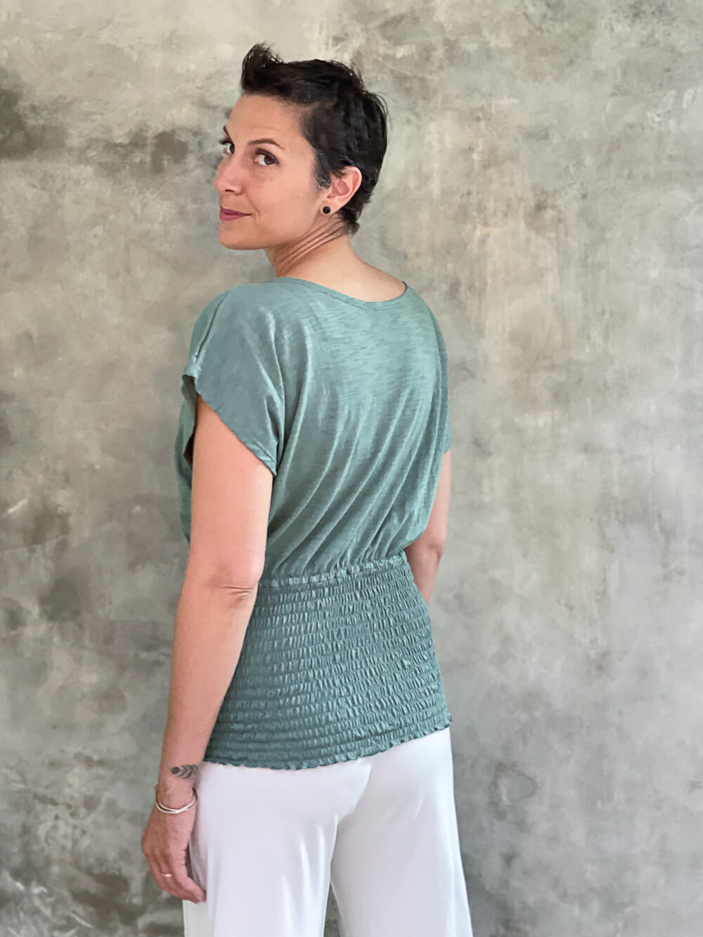 women's lightweight sea green cotton jersey top with smocked waist band and cap sleeves #color_matcha