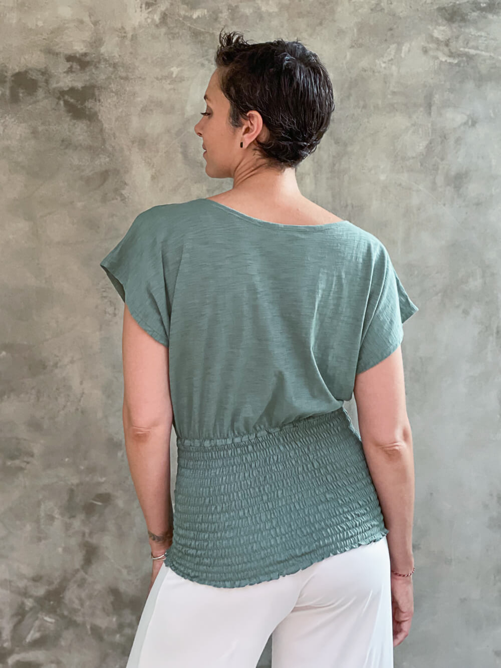 women's lightweight sea green cotton jersey top with smocked waist band and cap sleeves #color_matcha