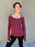 women's plant based stretchy rayon jersey long sleeve peekaboo shoulder maroon top with thumbholes #color_wine