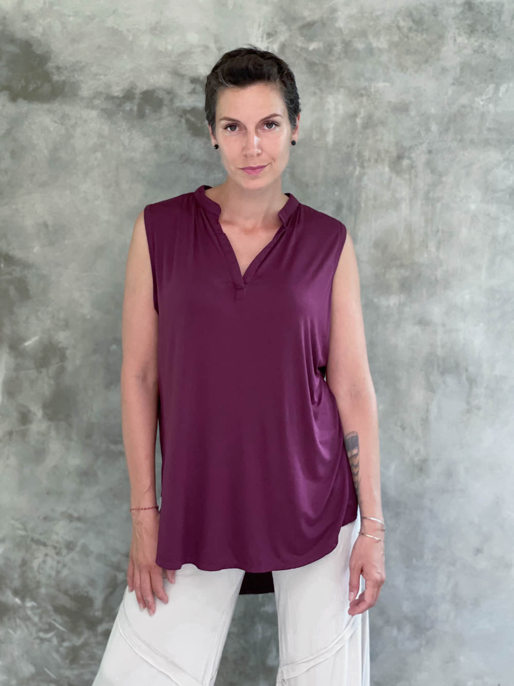 caraucci plant-based soft rayon jersey sleeveless purple loose fit kurta style tunic #color_jam