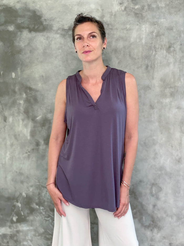 caraucci plant-based soft rayon jersey sleeveless grey loose fit kurta style tunic #color_steel