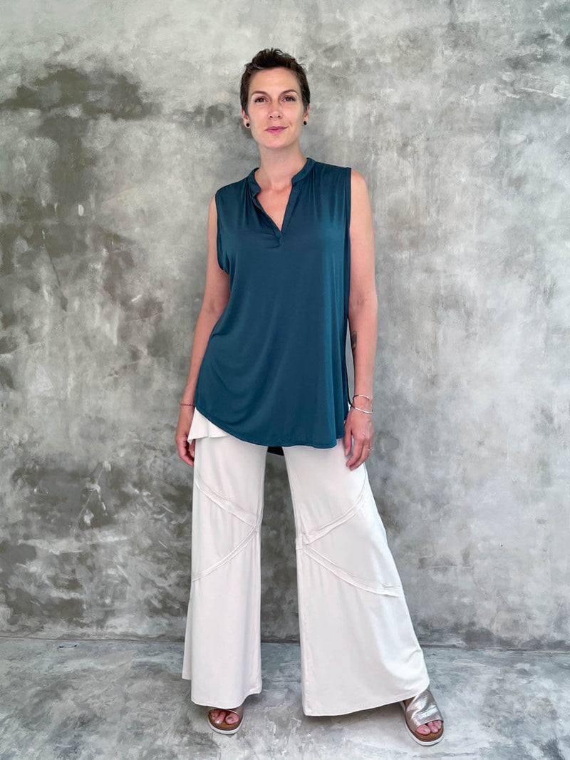 caraucci plant-based soft rayon jersey sleeveless teal blue loose fit kurta style tunic #color_teal