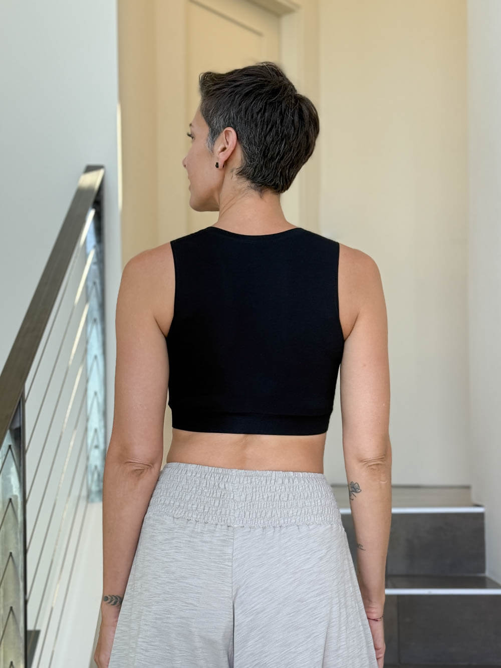caraucci stretch jersey twist front black cropped bra top #color_black