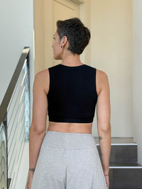 caraucci stretch jersey twist front black cropped bra top #color_black