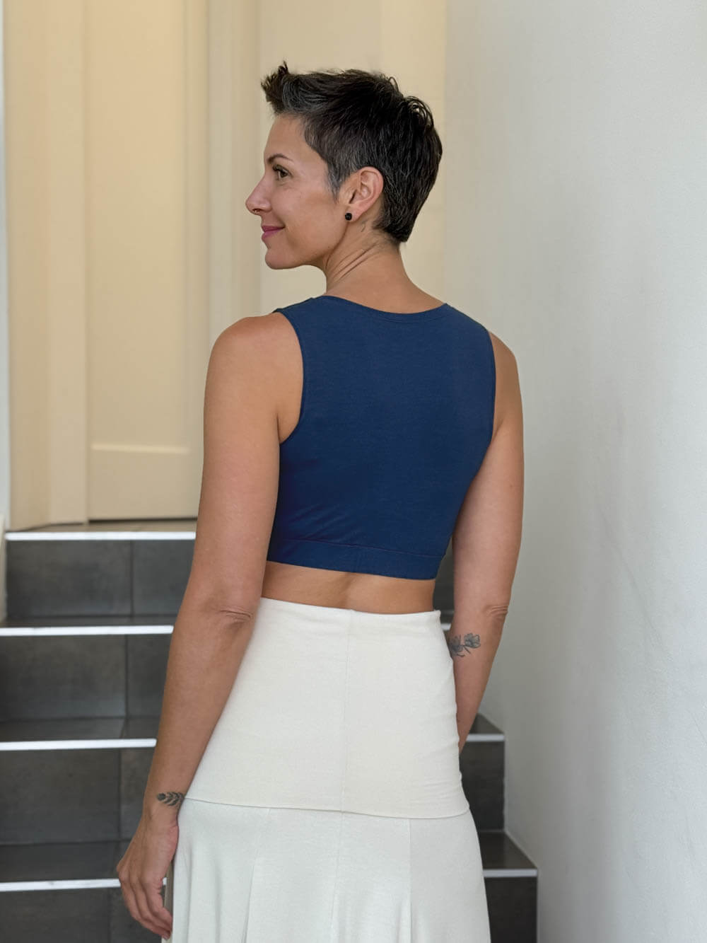 caraucci stretch jersey twist front navy blue cropped bra top #color_navy