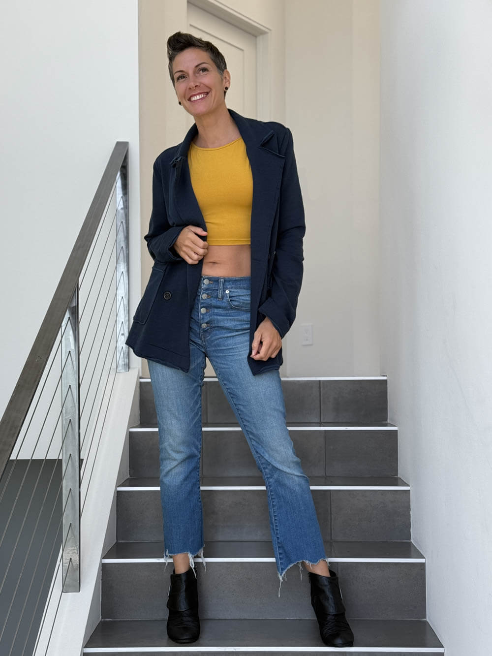 CARAUCCI Urban Lounge unstructured double-breasted black Bamboo Fleece jacket shown with jeans #color_black