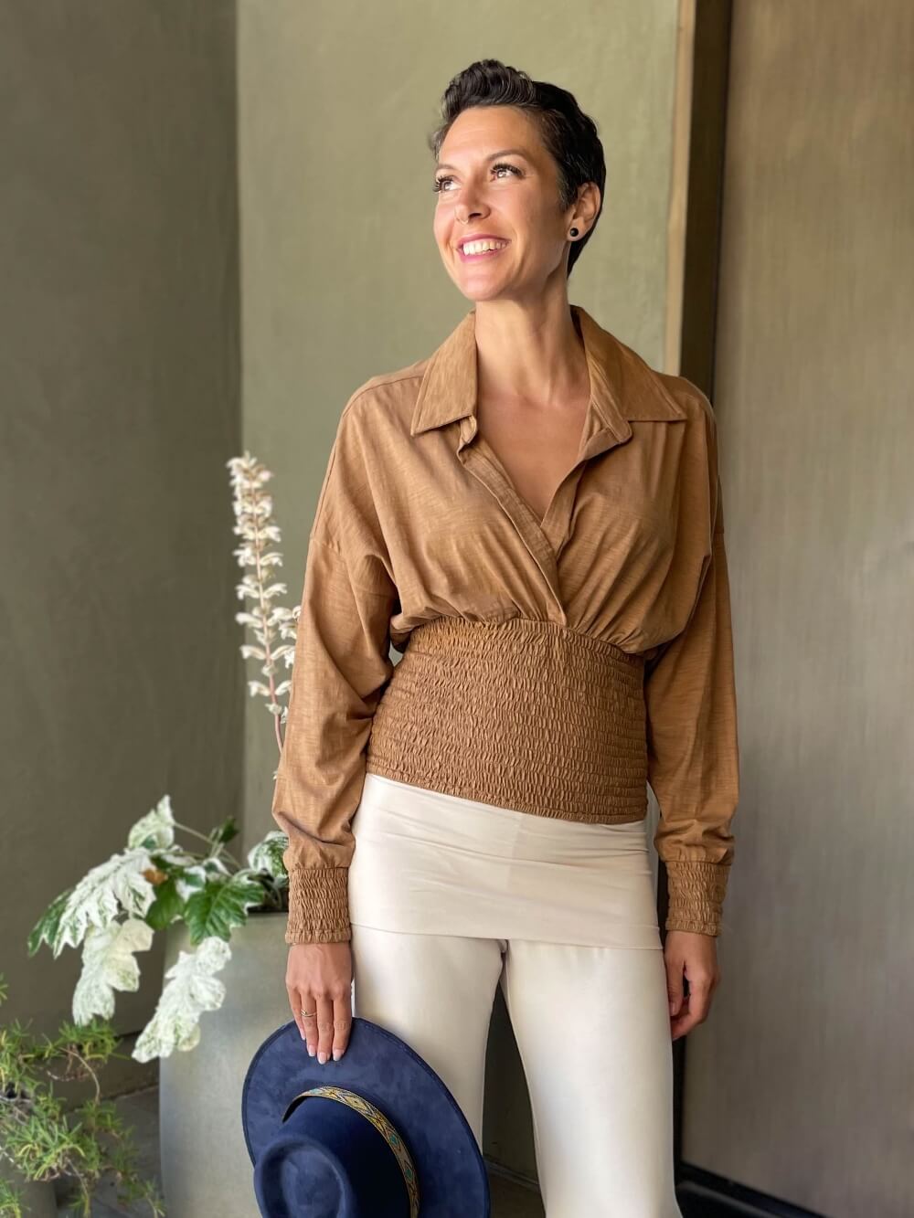 caraucci women's cotton golden brown v neck long sleeve dolman sleeve collared top with smocked waistband and cuffs #color_camel