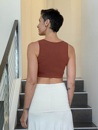 caraucci stretchy rayon jersey orange cross over v neck bra top #color_copper