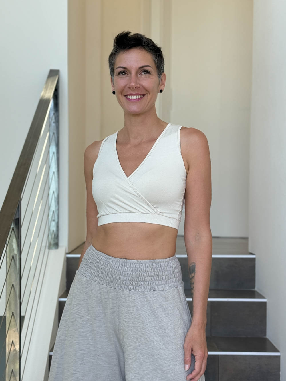 caraucci stretchy rayon jersey cream cross over v neck bra top #color_cream