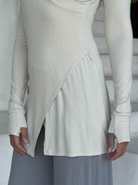 caraucci v-neck long sleeve cream tunic with thumbholes #color_cream