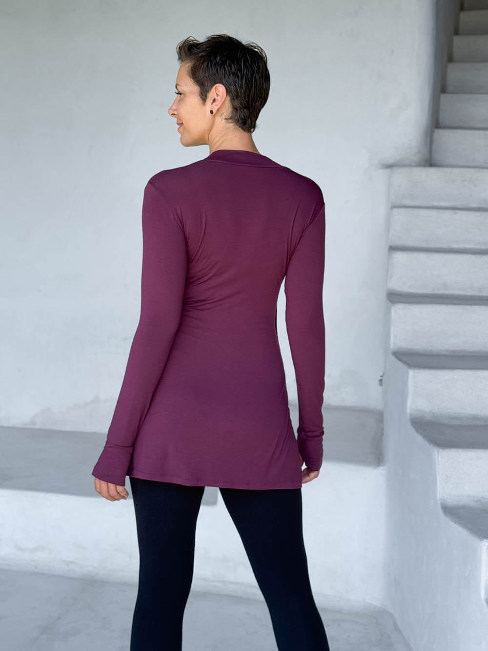 caraucci v-neck long sleeve purple tunic with thumbholes #color_jam