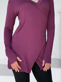 caraucci v-neck long sleeve purple tunic with thumbholes #color_jam
