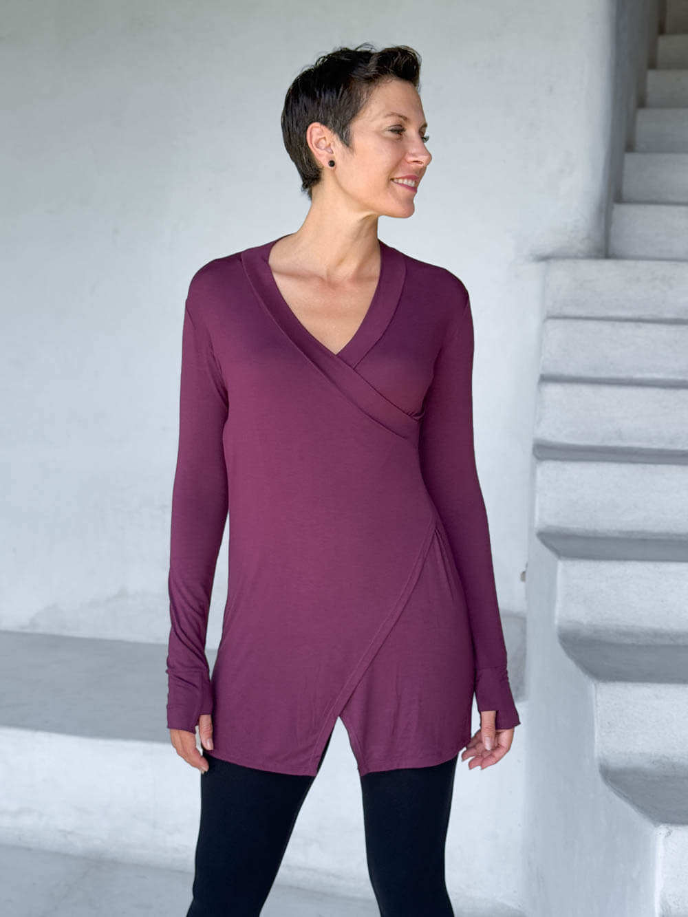 caraucci v-neck long sleeve purple tunic with thumbholes #color_jam
