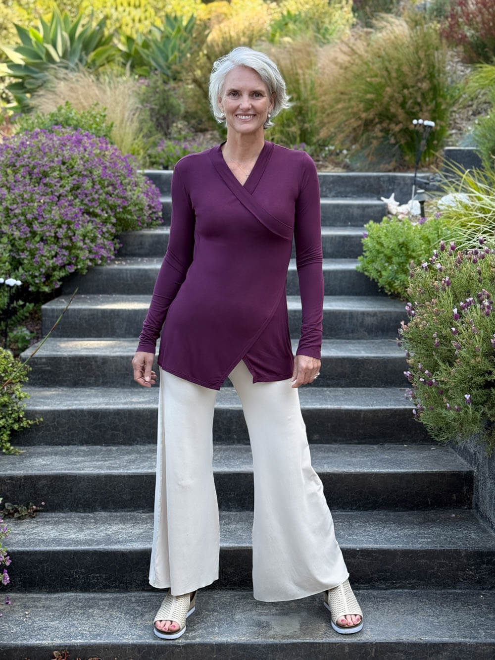 caraucci v-neck long sleeve purple tunic with thumbholes #color_jam
