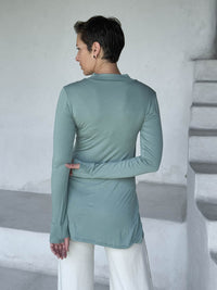 caraucci v-neck long sleeve sage green tunic with thumbholes #color_moss