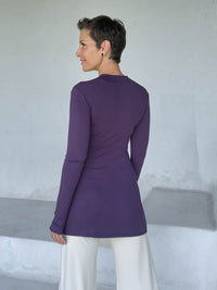 caraucci v-neck long sleeve purple tunic with thumbholes #color_plum