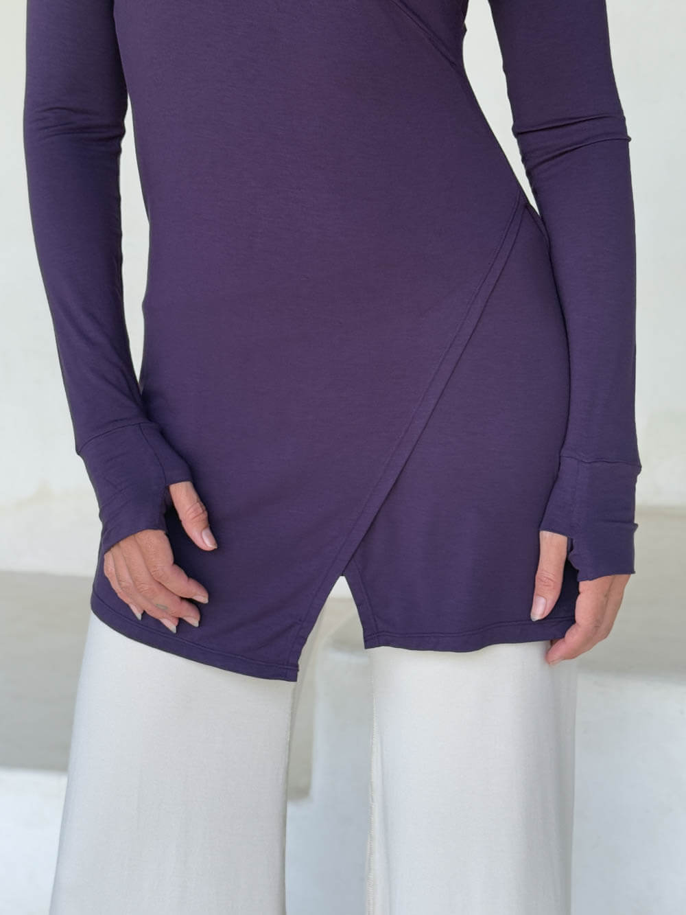 caraucci v-neck long sleeve purple tunic with thumbholes #color_plum