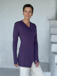 caraucci v-neck long sleeve purple tunic with thumbholes #color_plum