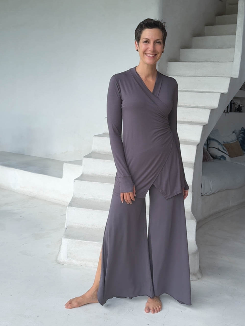 caraucci stretch jersey steel gray wide-leg side slit full-length flow pants #color_steel