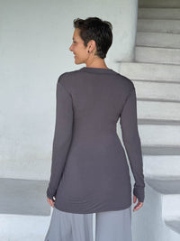 caraucci v-neck long sleeve steel gray tunic with thumbholes #color_steel