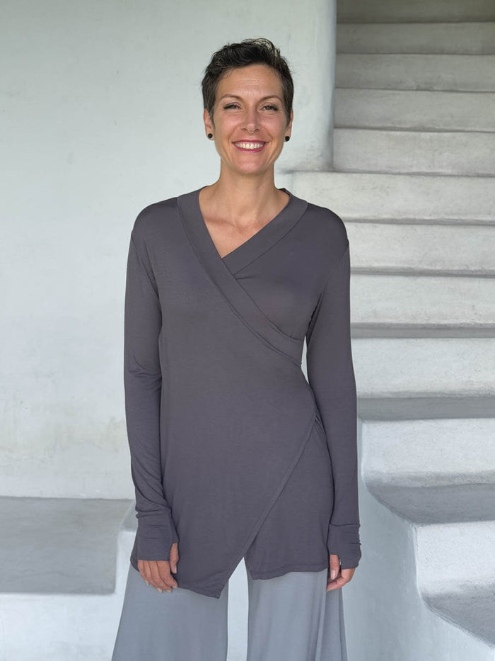 caraucci v-neck long sleeve steel gray tunic with thumbholes #color_steel