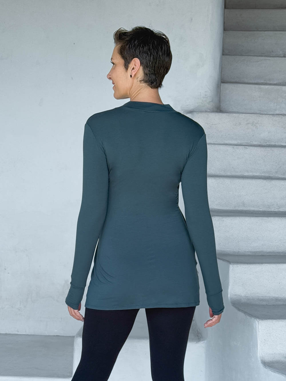 caraucci v-neck long sleeve teal blue tunic with thumbholes #color_teal