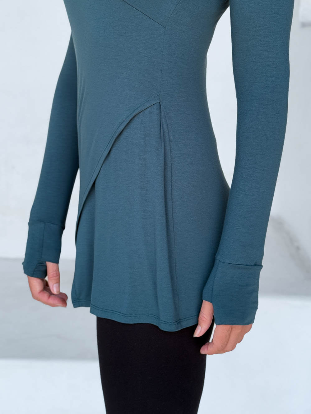 caraucci v-neck long sleeve teal blue tunic with thumbholes #color_teal