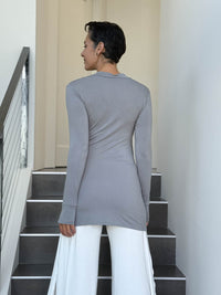 caraucci v-neck long sleeve light gray tunic with thumbholes #color_stone