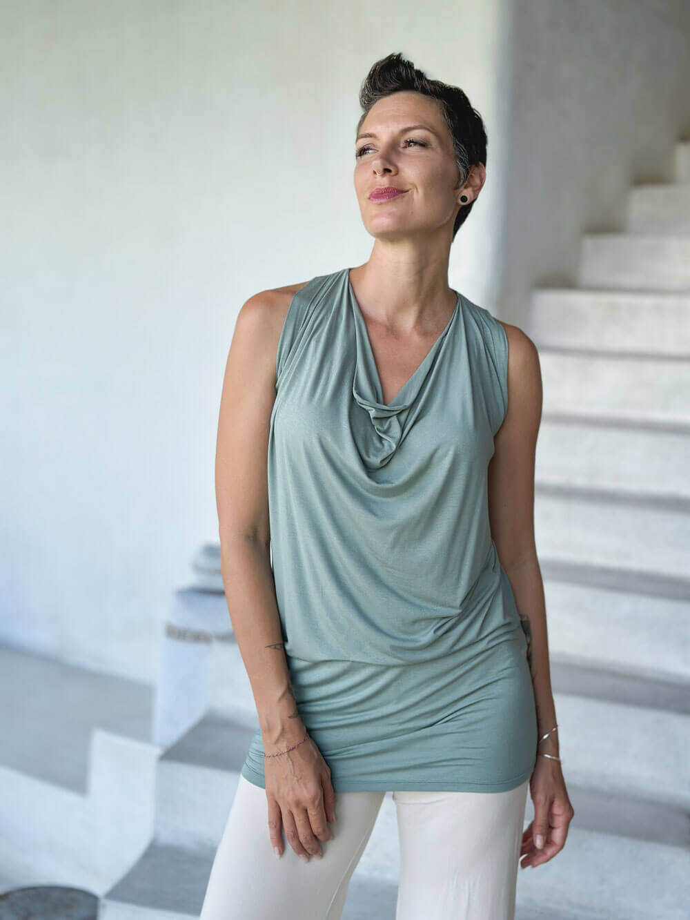 caraucci women's plant-based lightweight rayon jersey sage green sleeveless tunic with drape front #color_moss
