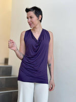 caraucci women's plant-based lightweight rayon jersey purple sleeveless tunic with drape front #color_plum