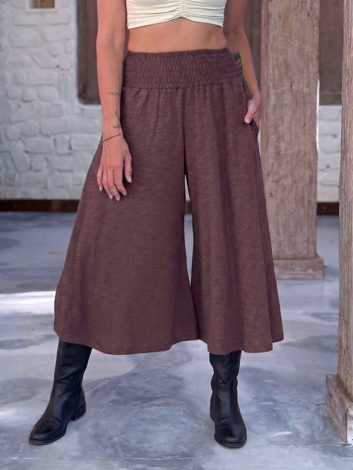 caraucci wide leg flare cocoa brown cotton culotte pants with pockets #color_cocoa