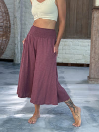 caraucci wide leg flare muted mauve cotton culotte pants with pockets #color_mangosteen