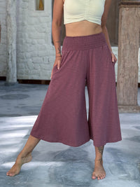 caraucci wide leg flare muted mauve cotton culotte pants with pockets #color_mangosteen