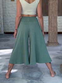 caraucci wide leg flare sage green cotton culotte pants with pockets #color_matcha