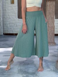 caraucci wide leg flare sage green cotton culotte pants with pockets #color_matcha