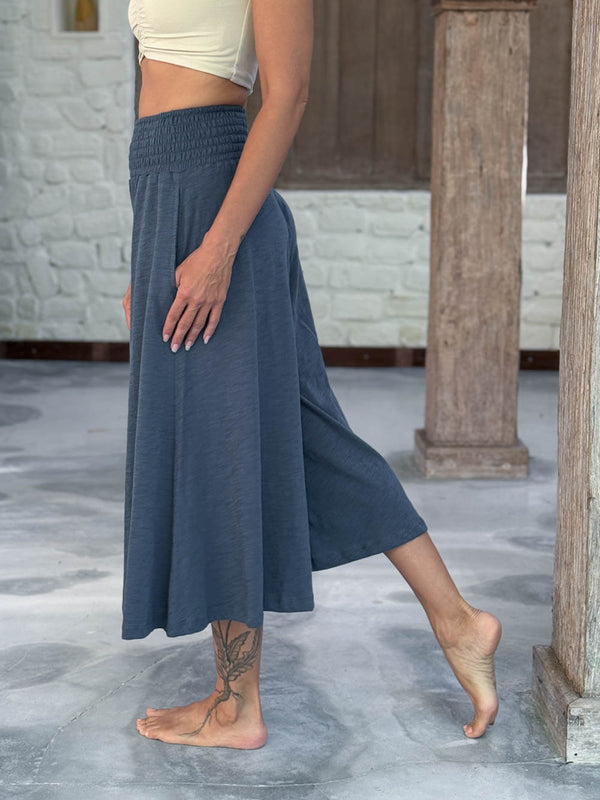caraucci wide leg flare blue cotton culotte pants with pockets #color_pacific