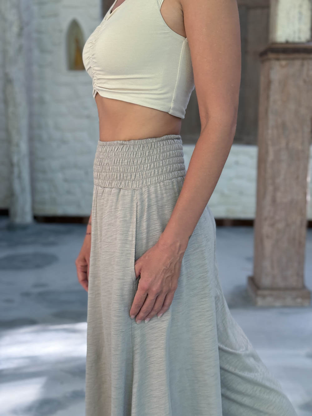 caraucci wide leg flare tan cotton culotte pants with pockets #color_sahara