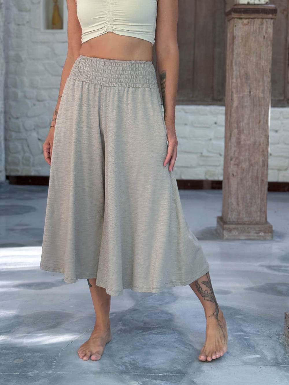 caraucci wide leg flare tan cotton culotte pants with pockets #color_sahara