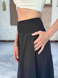 caraucci wide leg flare black cotton culotte pants with pockets #color_black