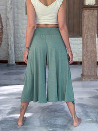 caraucci wide leg flare sage green cotton culotte pants with pockets #color_matcha