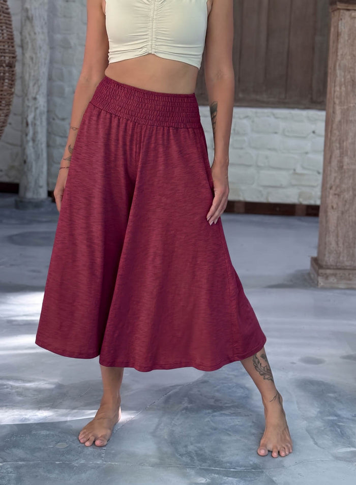 caraucci wide leg flare crimson maroon cotton culotte pants with pockets #color_crimson