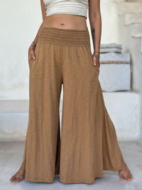 caraucci cotton smocked waist camel wide leg flow pants #color_camel