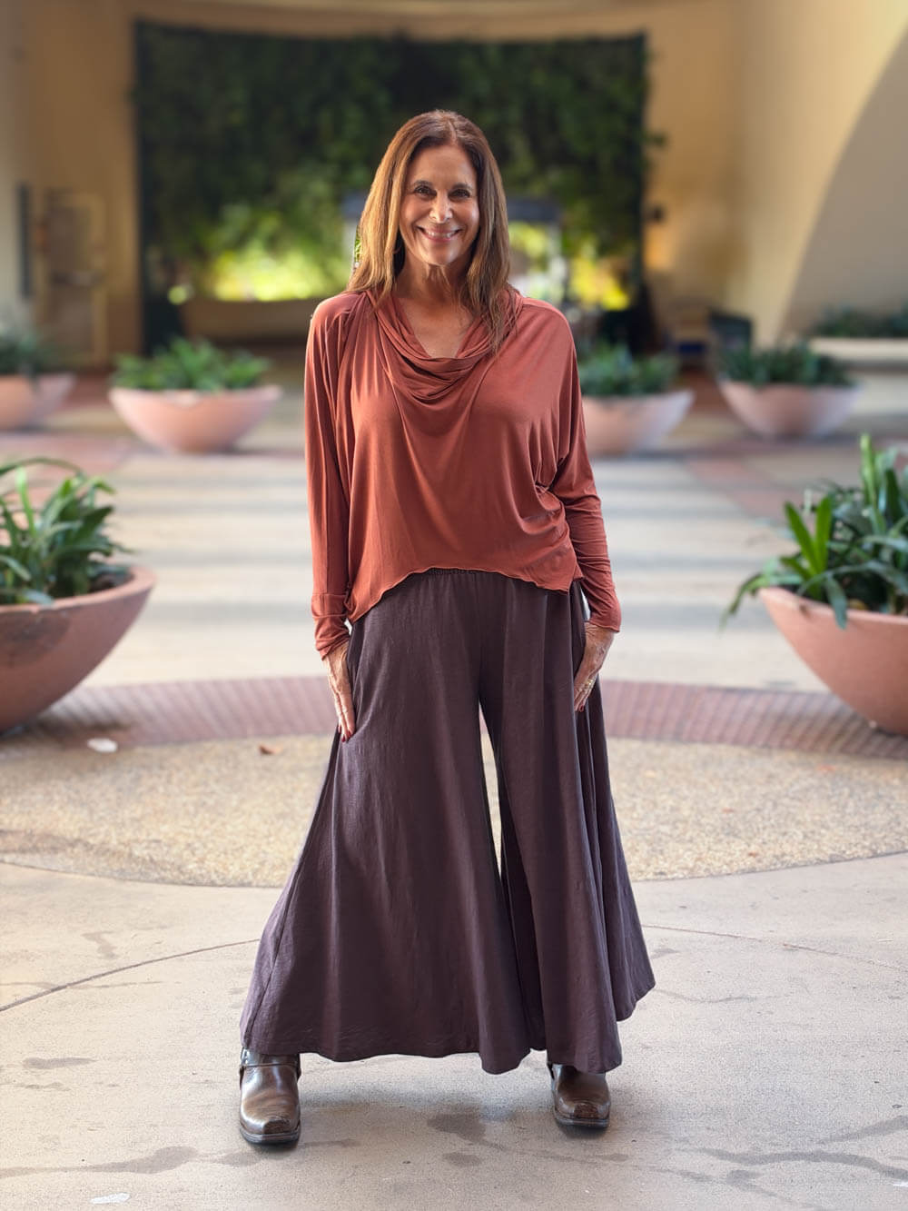 caraucci cotton smocked waist cocoa brown wide leg flow pants #color_cocoa