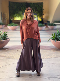 caraucci cotton smocked waist cocoa brown wide leg flow pants #color_cocoa