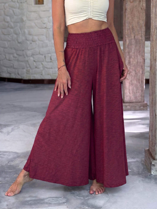 caraucci cotton smocked waist crimson maroon wide leg flow pants #color_crimson