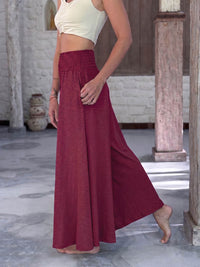 caraucci cotton smocked waist crimson maroon wide leg flow pants #color_crimson