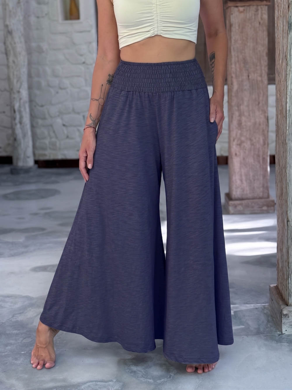 caraucci cotton smocked waist midnight blue wide leg flow pants #color_midnight