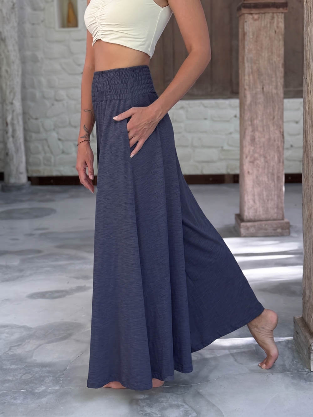 caraucci cotton smocked waist midnight blue wide leg flow pants #color_midnight