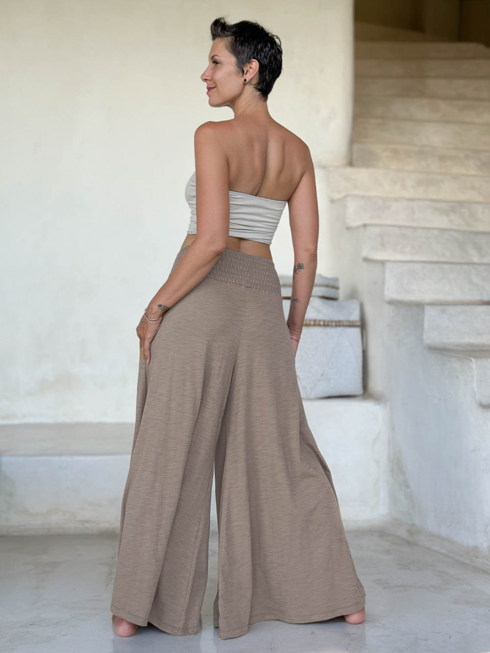 caraucci cotton smocked waist light tan wide leg flow pants #color_sahara