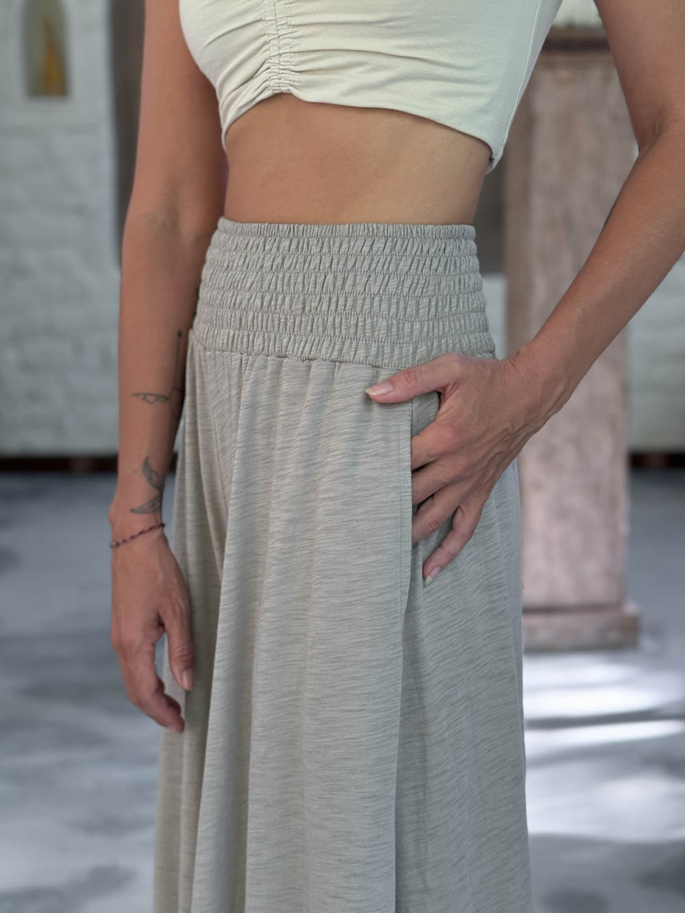 caraucci cotton smocked waist soft sand neutral wide leg flow pants with pockets #color_sahara